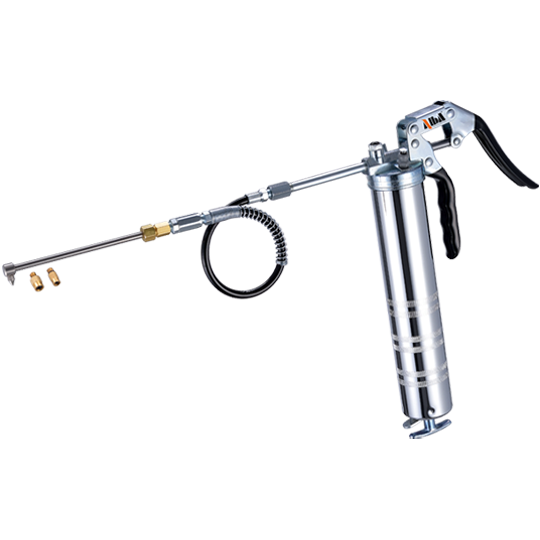 14oz/400g Grip Type Grease Gun with FlexLube™ Multi-Fit Grease Pipe - Straight Version w/ Anti-Kink Hose Swivel